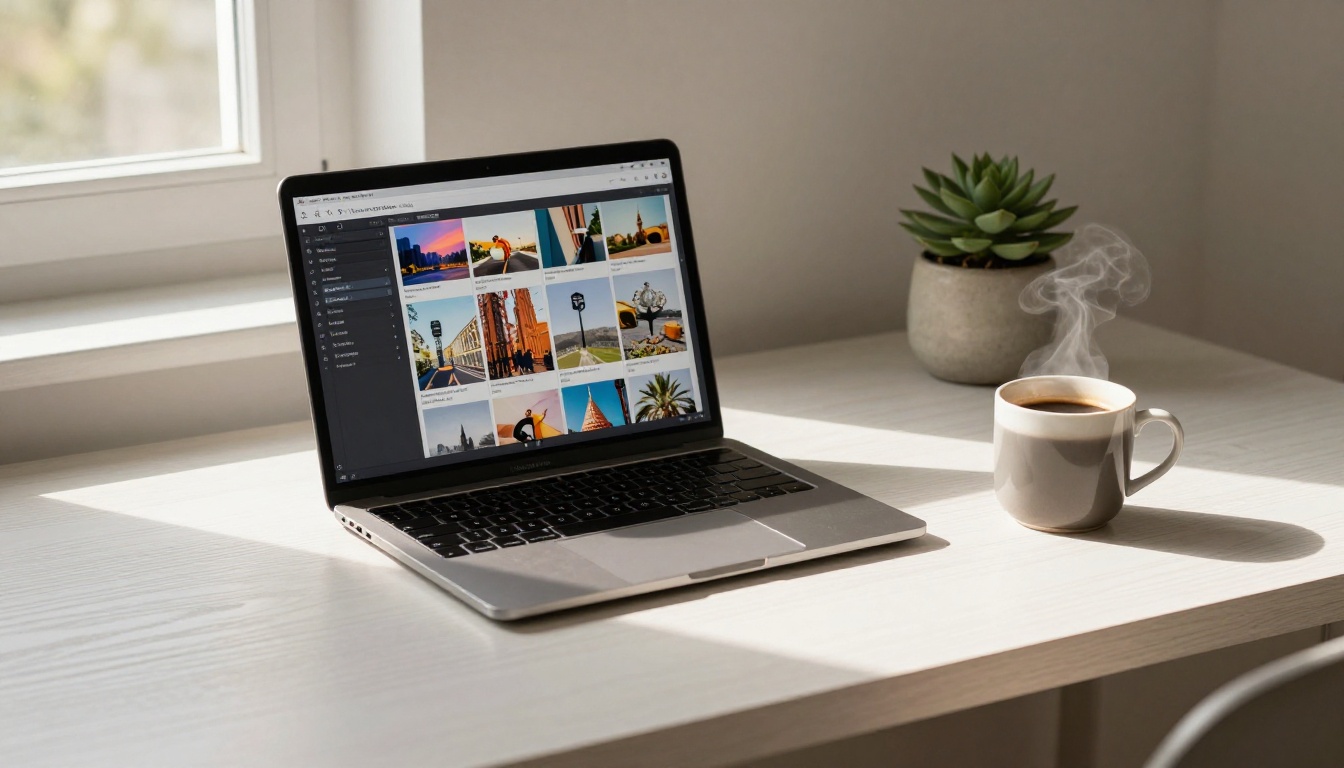 Clean Scandinavian home office desk with MacBook Pro showing colorful digital magazine editor interface Clean Scandinavian home office desk with MacBook Pro showing colorful digital magazine editor interface
