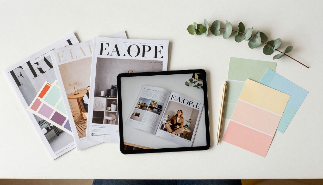 Overhead aerial flat-lay of creative workspace with magazine layouts, tablet, color swatches, and eucalyptus sprig Overhead aerial flat-lay of creative workspace with magazine layouts, tablet, color swatches, and eucalyptus sprig