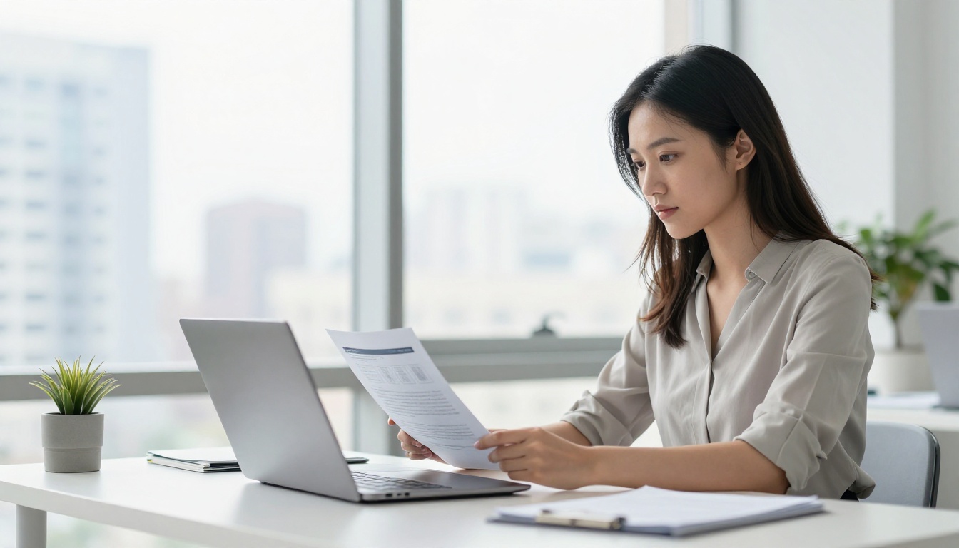 Young professional woman at a standing desk uploading a PDF to an online magazine platform with city skyline in background Young professional woman at a standing desk uploading a PDF to an online magazine platform with city skyline in background
