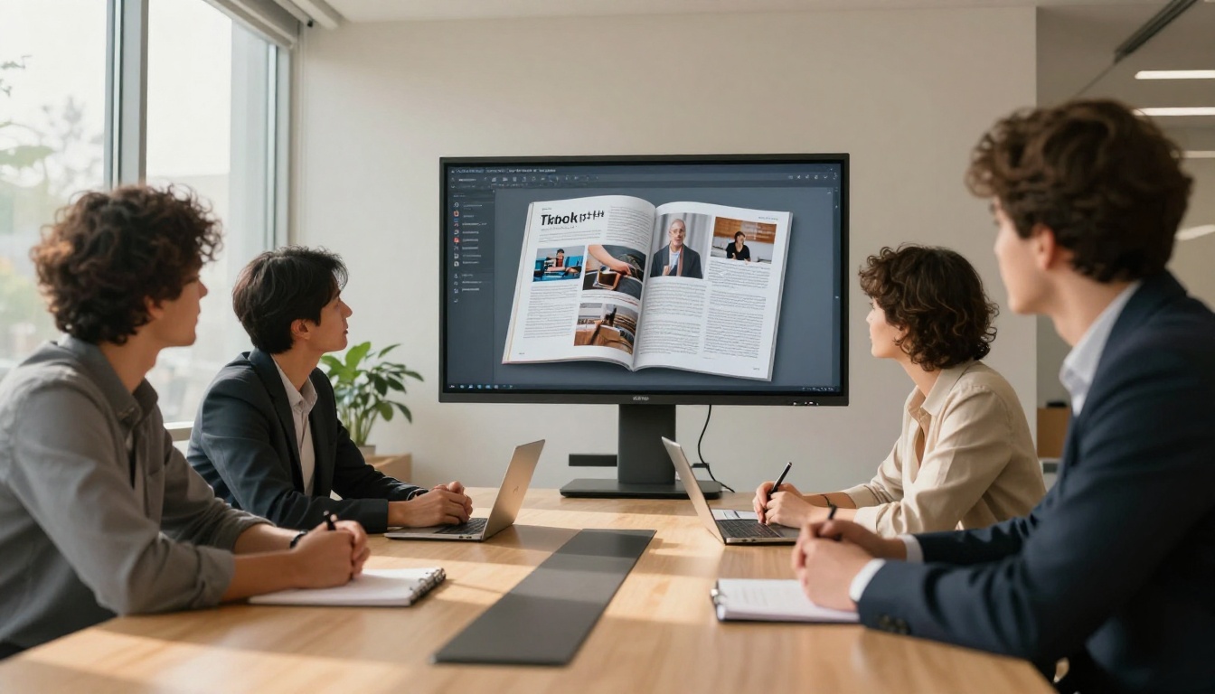 Three business professionals reviewing an interactive digital magazine on a large conference room monitor Three business professionals reviewing an interactive digital magazine on a large conference room monitor