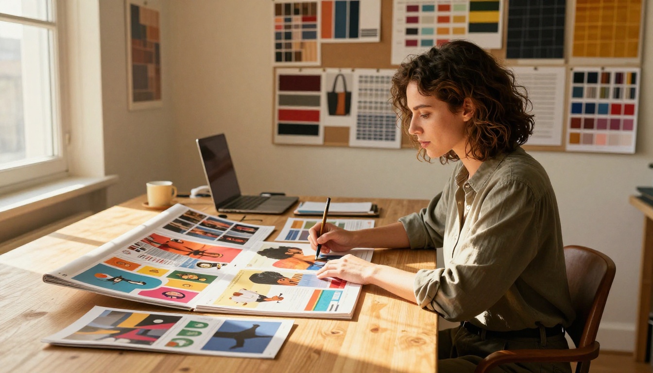Creative woman designing vibrant magazine pages on a large curved monitor in a sunlit studio Creative woman designing vibrant magazine pages on a large curved monitor in a sunlit studio