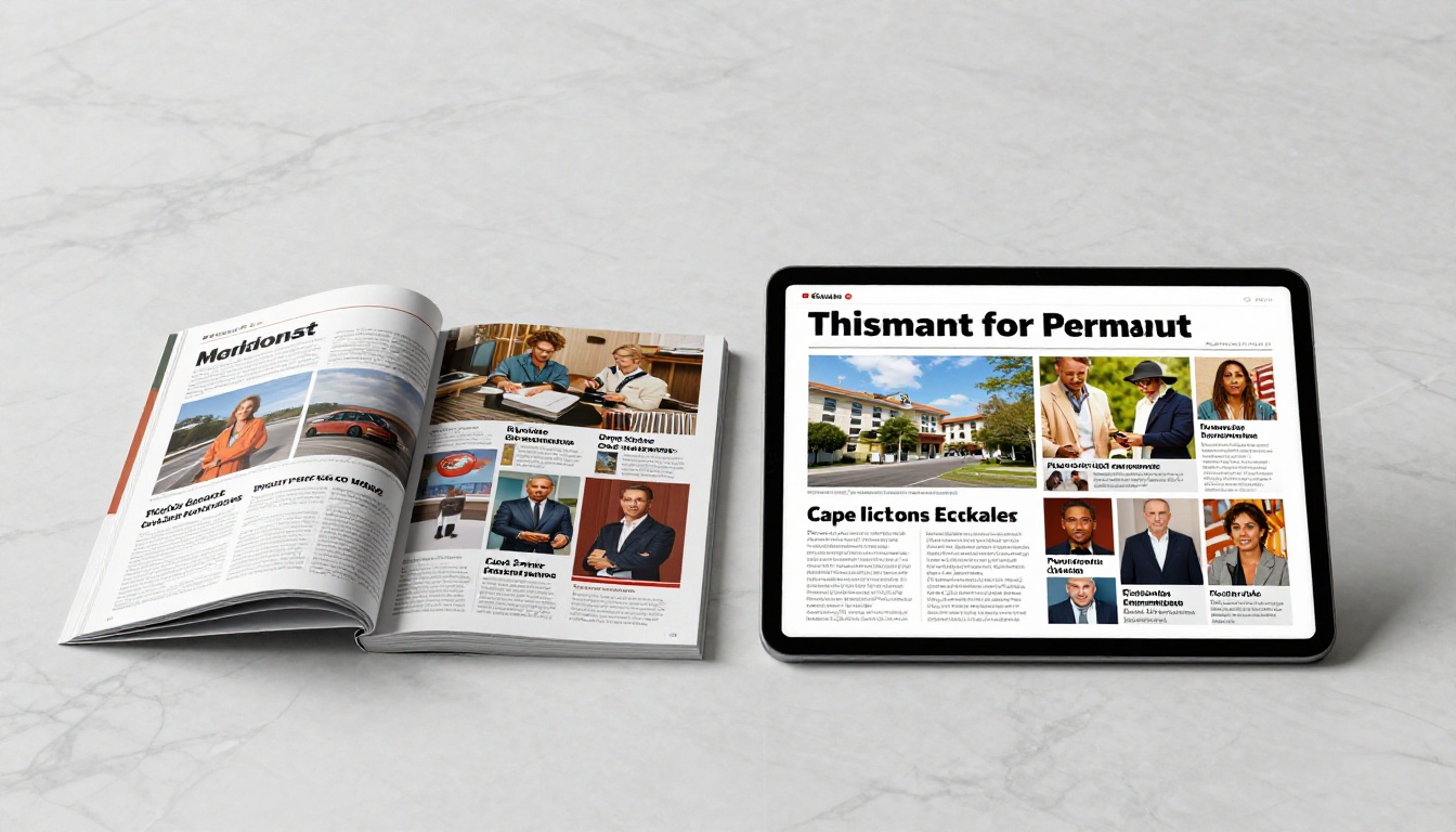 Physical glossy magazine and slim tablet displaying identical content side by side on polished Calacatta marble surface Physical glossy magazine and slim tablet displaying identical content side by side on polished Calacatta marble surface