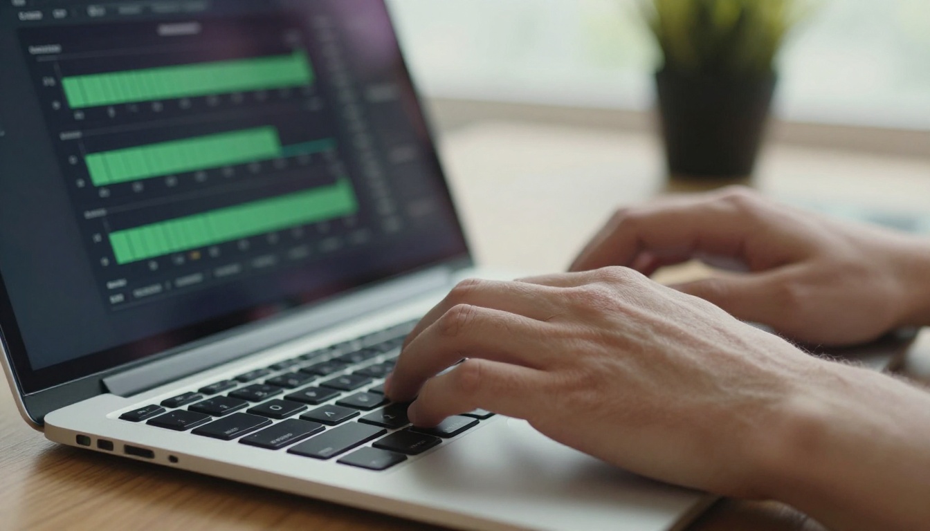 Hands typing on laptop keyboard with speed performance dashboard on screen Hands typing on laptop keyboard with speed performance dashboard on screen