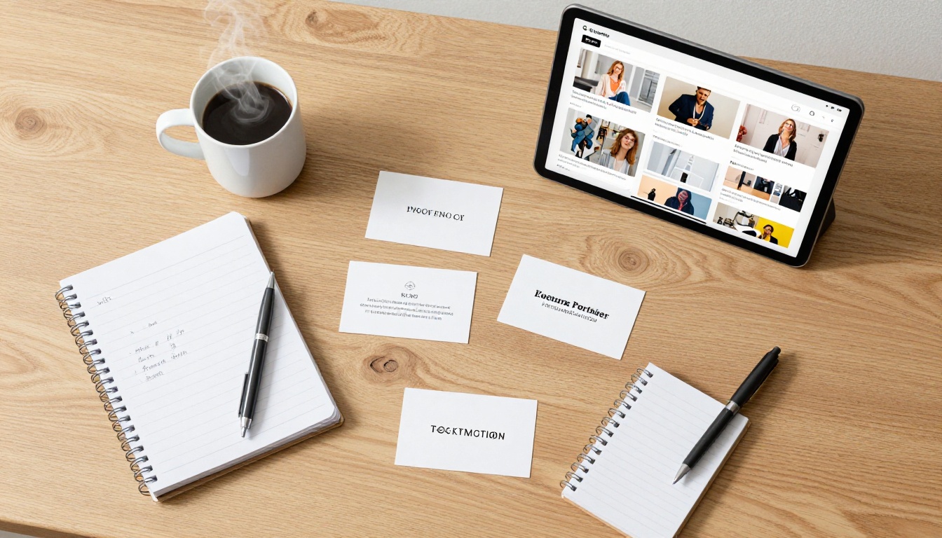Aerial flat-lay of wooden desk with tablet showing digital fashion catalog flipbook Aerial flat-lay of wooden desk with tablet showing digital fashion catalog flipbook