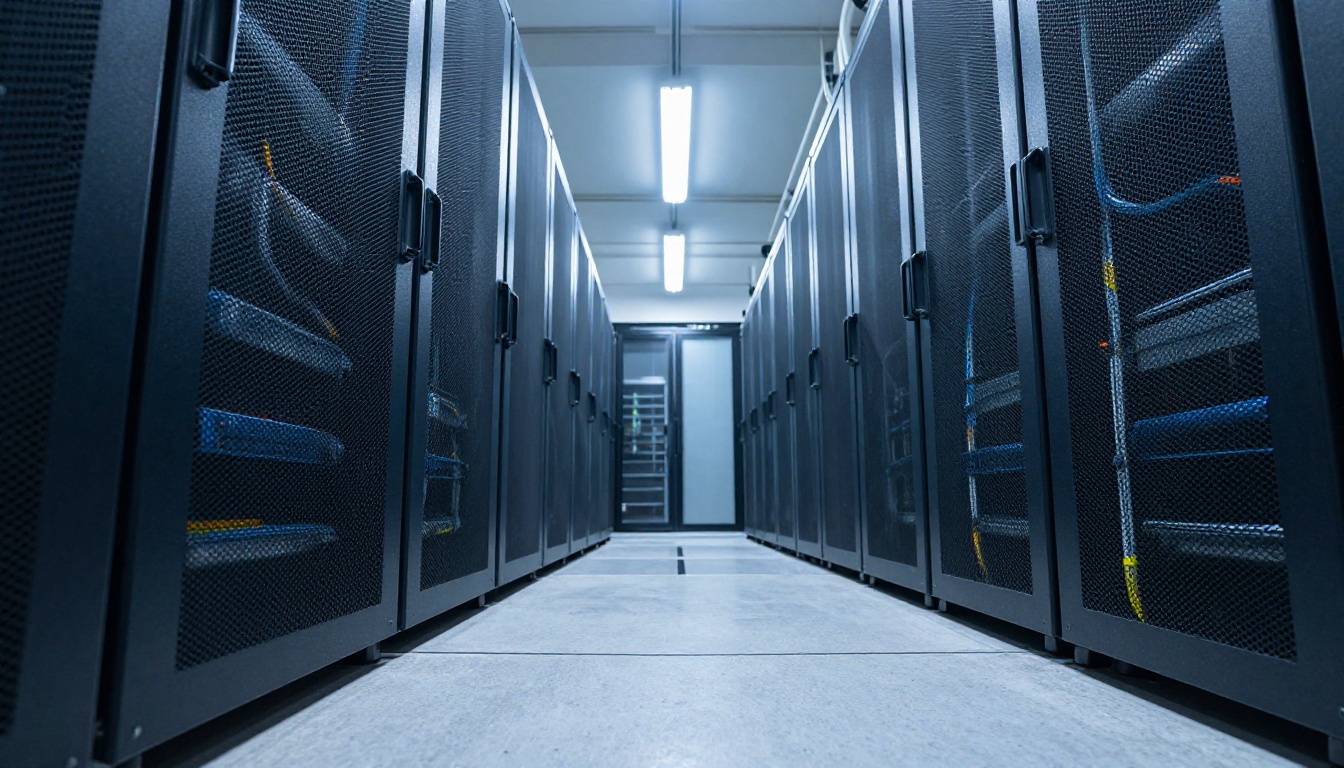 Low-angle interior shot of modern data center server corridor with illuminated server racks Low-angle interior shot of modern data center server corridor with illuminated server racks