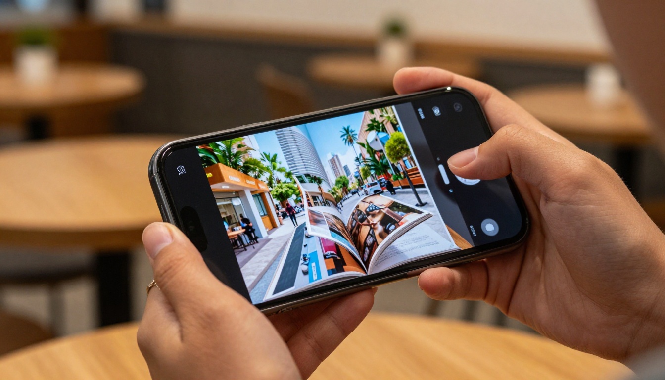 Close-up of woman's hand holding smartphone displaying product flipbook with page-curl animation Close-up of woman's hand holding smartphone displaying product flipbook with page-curl animation