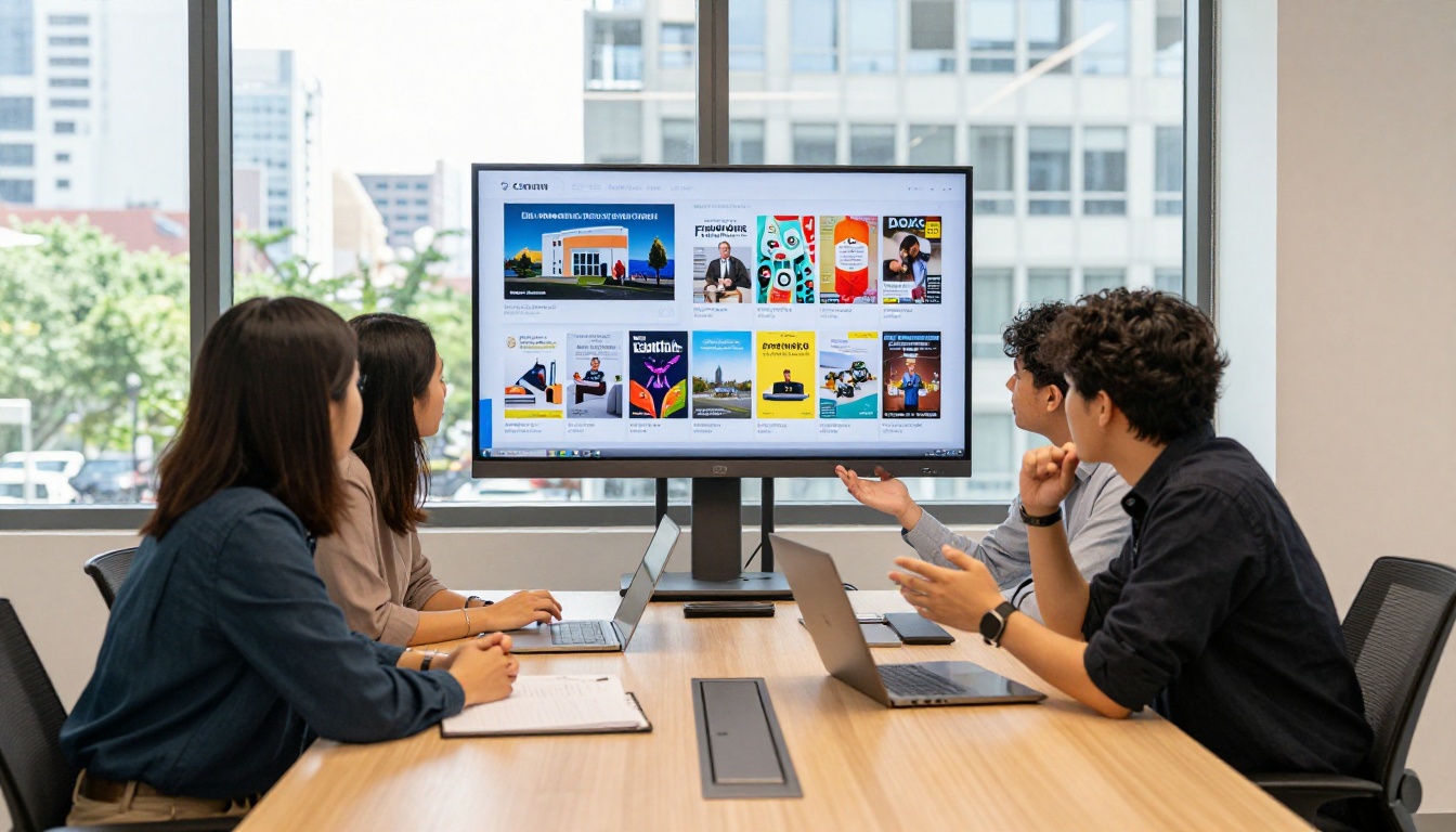 Wide shot of creative team in meeting room reviewing digital e-magazine on large display screen Wide shot of creative team in meeting room reviewing digital e-magazine on large display screen