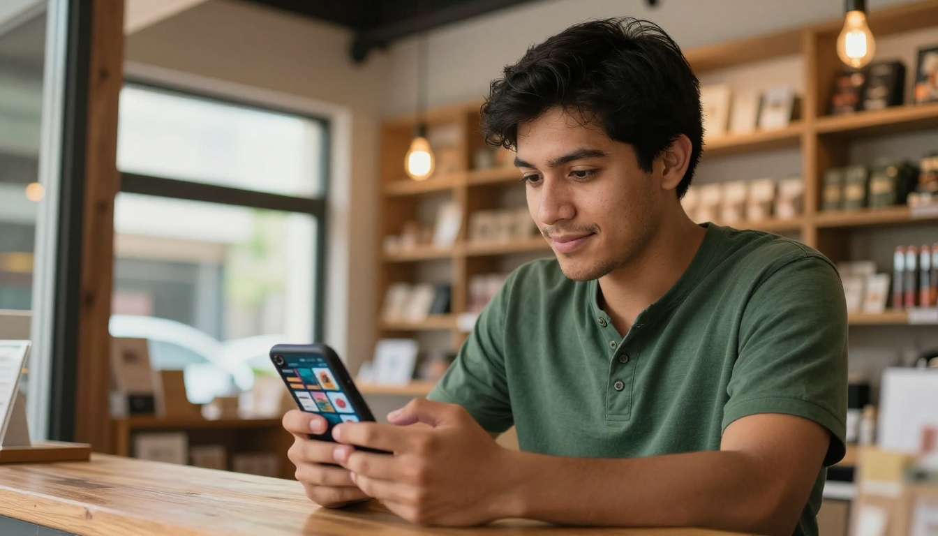 Small business owner reviewing a digital catalog on a smartphone behind a shop counter Small business owner reviewing a digital catalog on a smartphone behind a shop counter