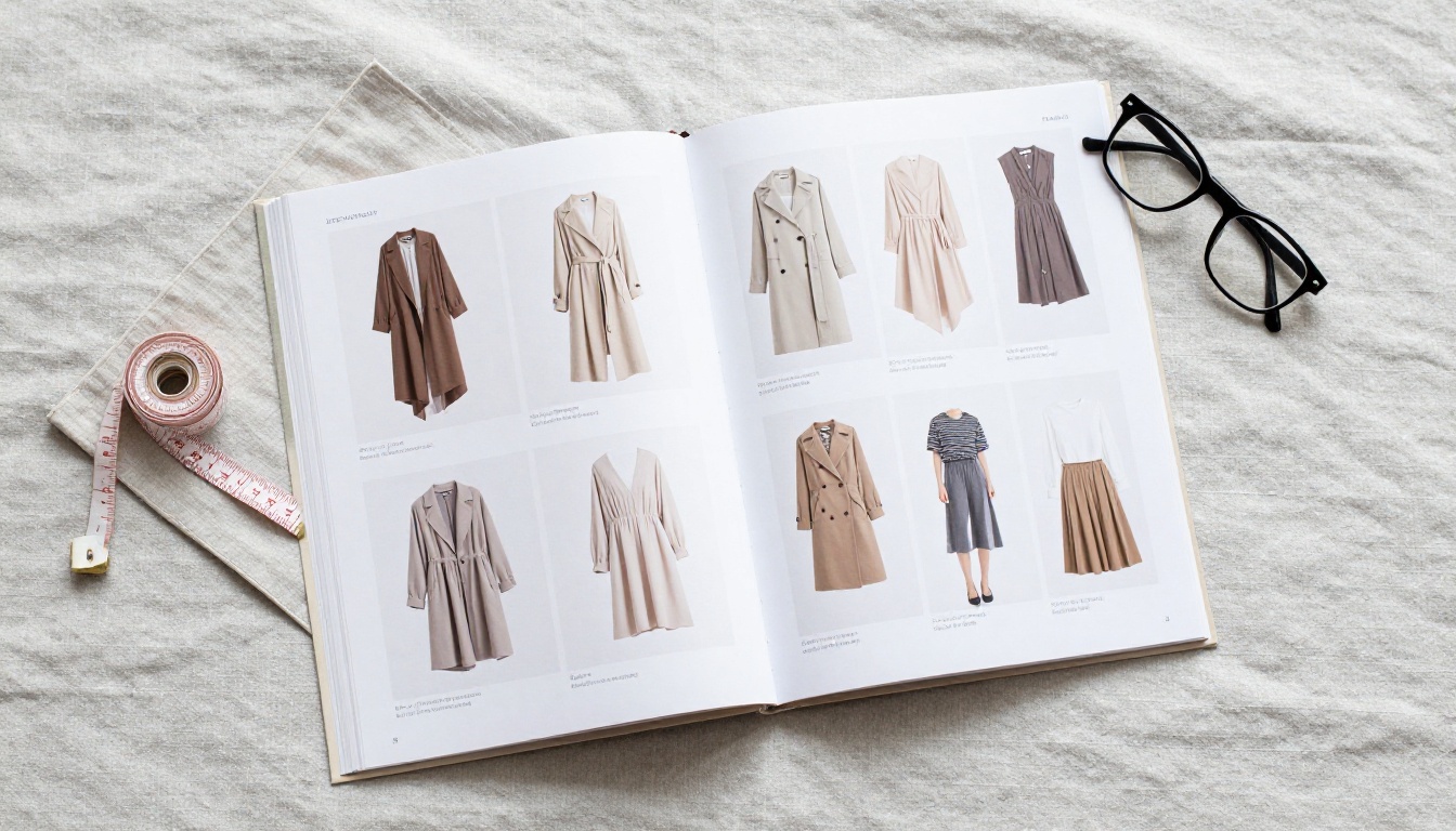 Aerial flat lay of a fashion clothing catalog spread on linen fabric surface Aerial flat lay of a fashion clothing catalog spread on linen fabric surface