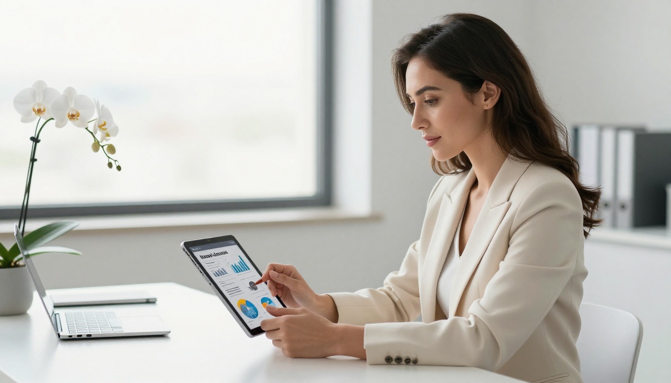 Professional woman in cream blazer reviewing digital annual report flipbook on tablet at bright desk Professional woman in cream blazer reviewing digital annual report flipbook on tablet at bright desk
