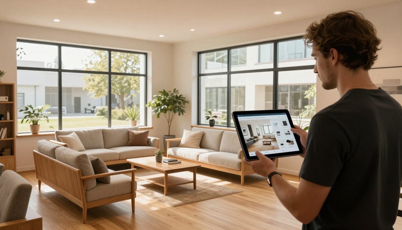 Modern furniture showroom assistant presenting a digital catalog on a tablet device Modern furniture showroom assistant presenting a digital catalog on a tablet device