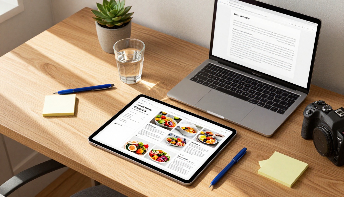 Aerial flat-lay of home office desk with tablet showing digital recipe book flipbook alongside laptop Aerial flat-lay of home office desk with tablet showing digital recipe book flipbook alongside laptop