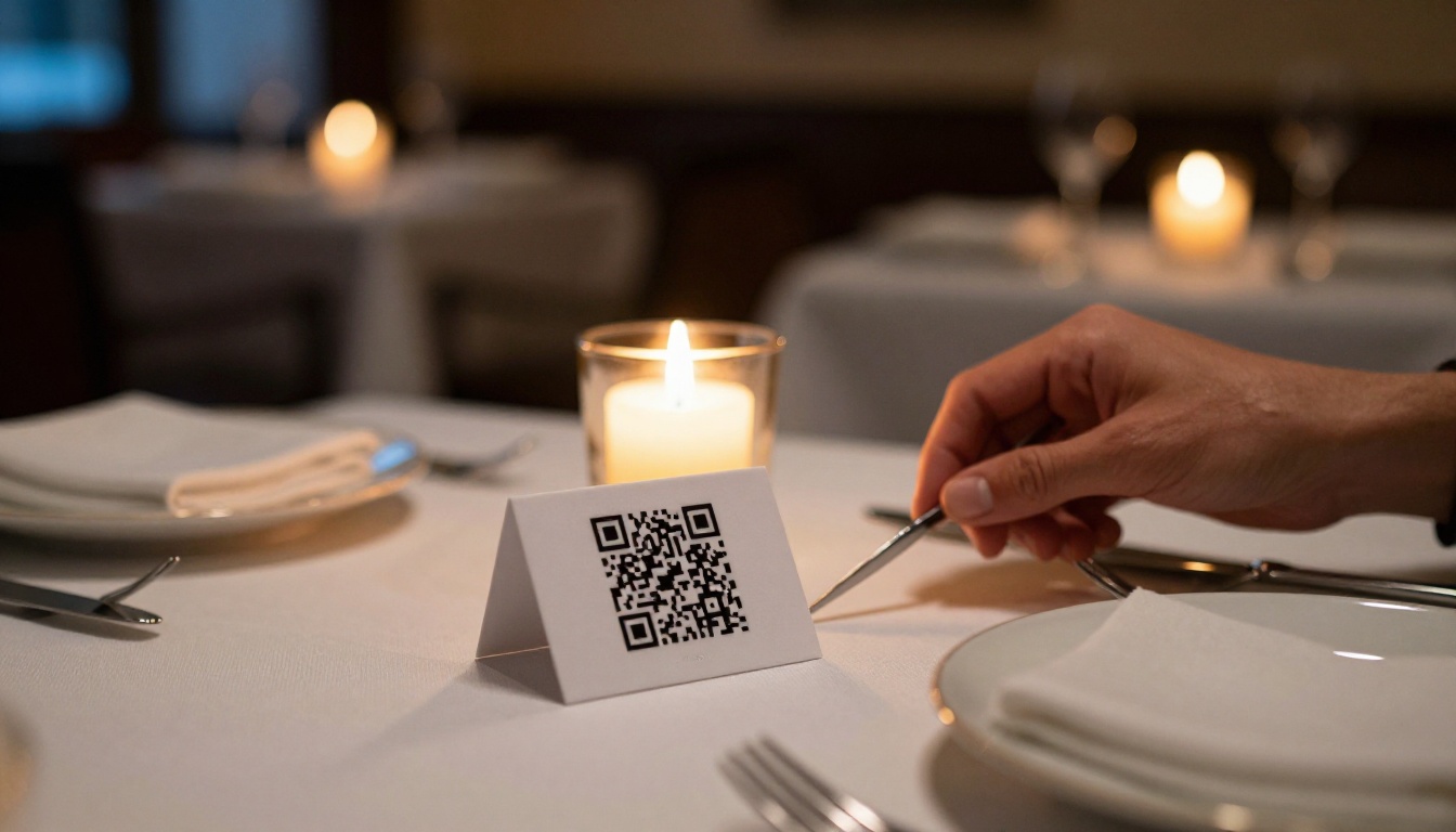 Elegant restaurant table setting with a QR code card and candlelight Elegant restaurant table setting with a QR code card and candlelight