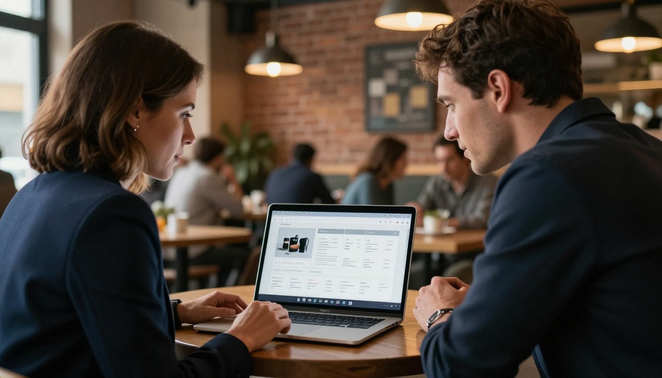 Professional woman presenting a digital catalog on a laptop to a client in a cafe Professional woman presenting a digital catalog on a laptop to a client in a cafe