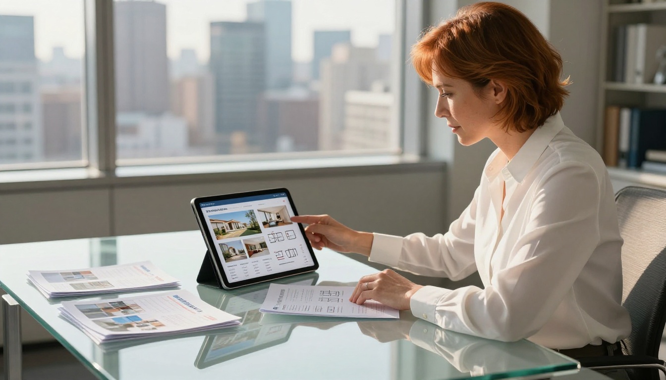 Real estate agent reviewing property listing flipbook catalog on a tablet at a glass desk Real estate agent reviewing property listing flipbook catalog on a tablet at a glass desk