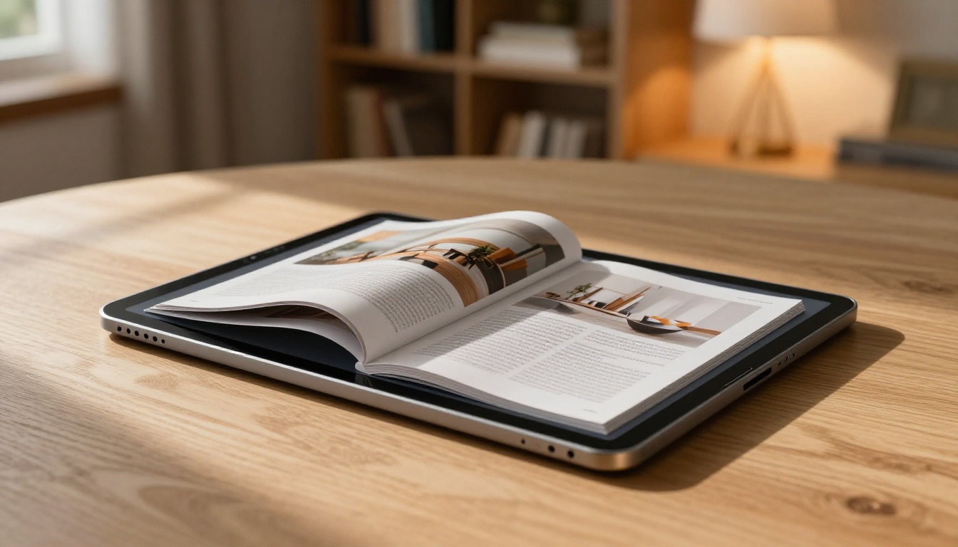 Tablet displaying digital magazine mid-page-flip animation on oak table