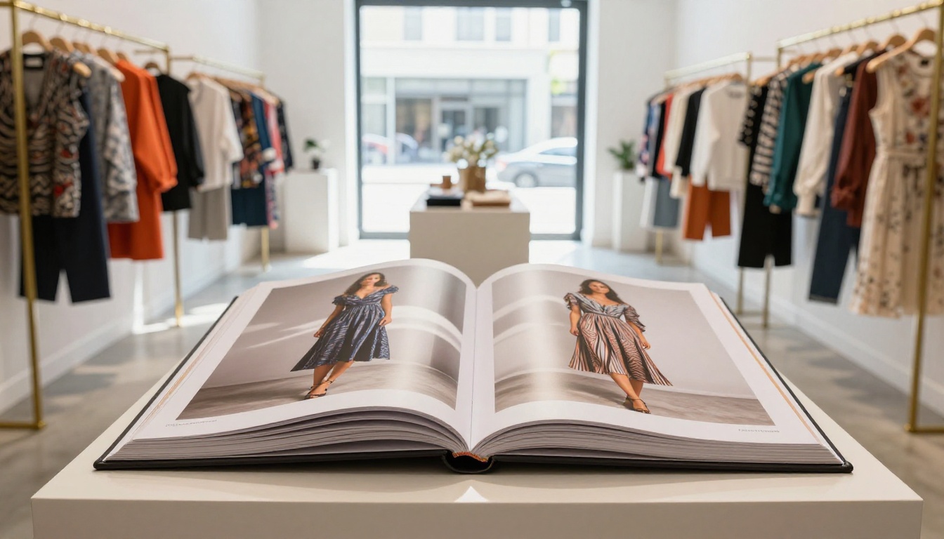 Interior of a bright fashion boutique with a product catalog open on a display table Interior of a bright fashion boutique with a product catalog open on a display table
