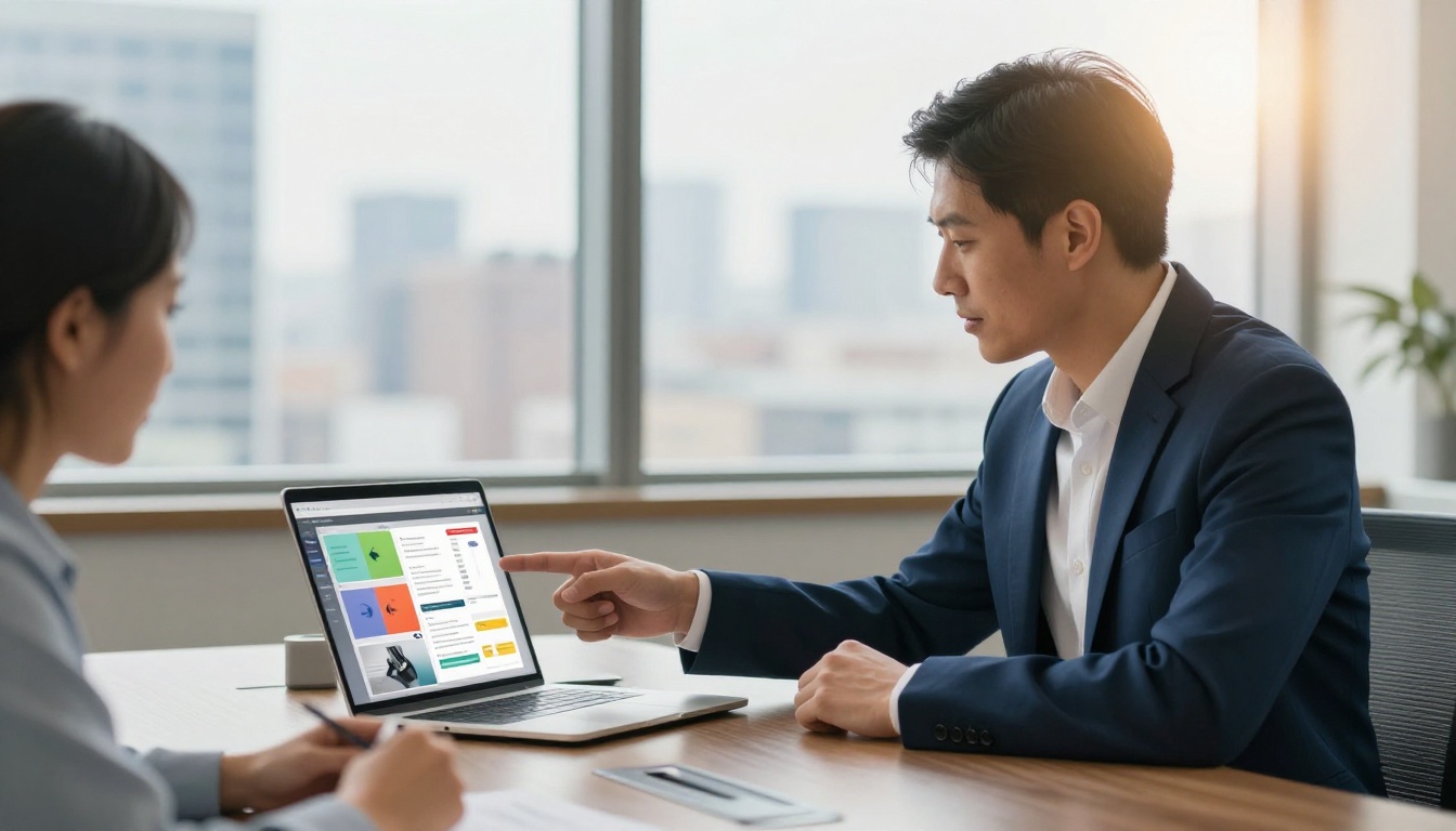 Business professional sharing a digital product catalog on laptop in conference room