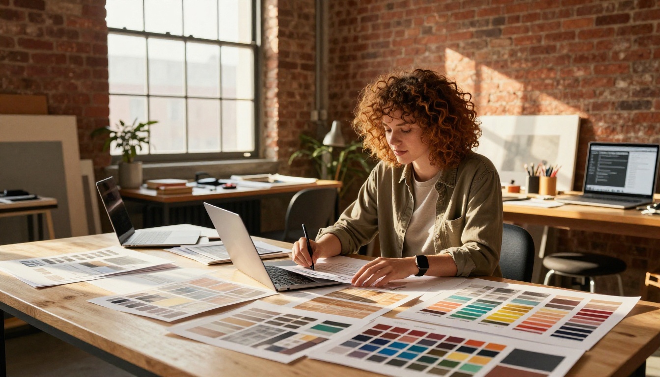 Creative designer reviewing digital brochure in flipbook format at studio desk with brick wall background