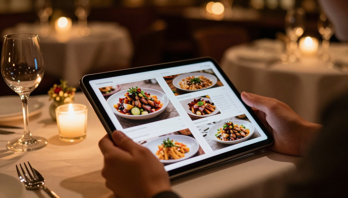 Couple at upscale restaurant reviewing digital menu flipbook on tablet by candlelight