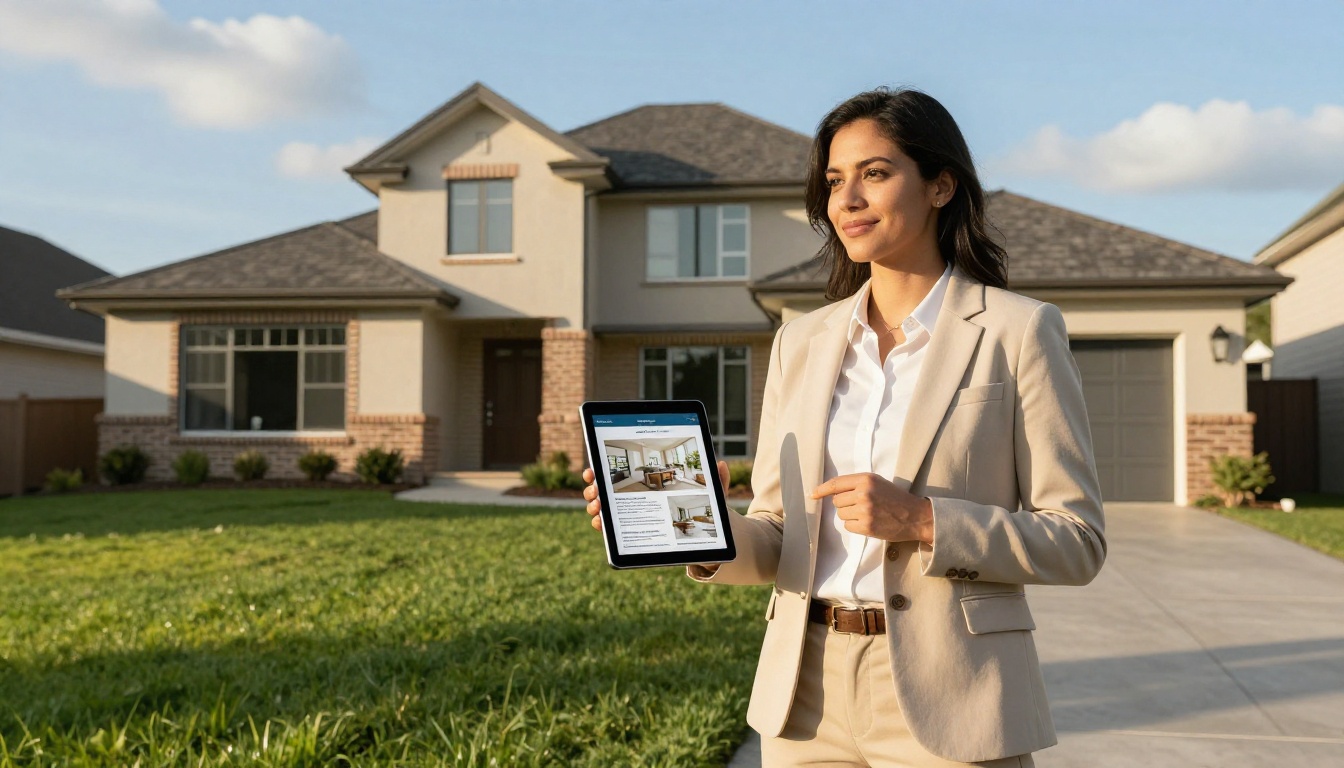 Real estate agent presenting property brochure flipbook on tablet outside modern suburban home