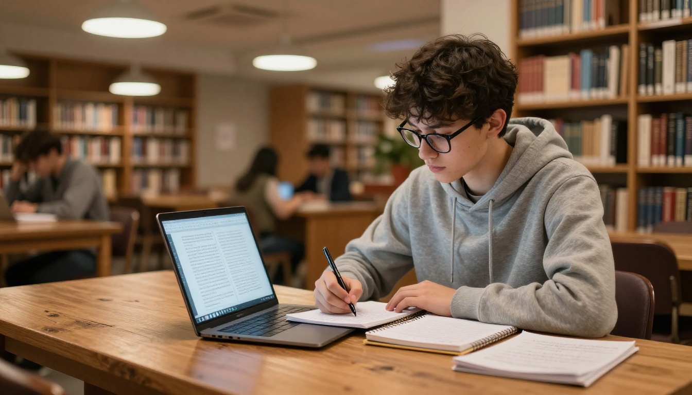 University student studying from interactive digital textbook flipbook at library desk