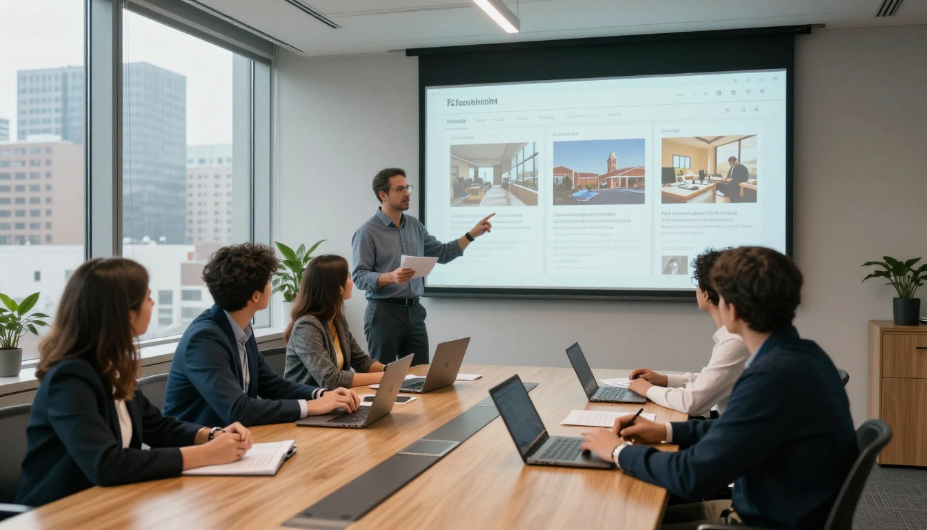 Diverse marketing team collaborating around conference table with digital newsletter on large screen