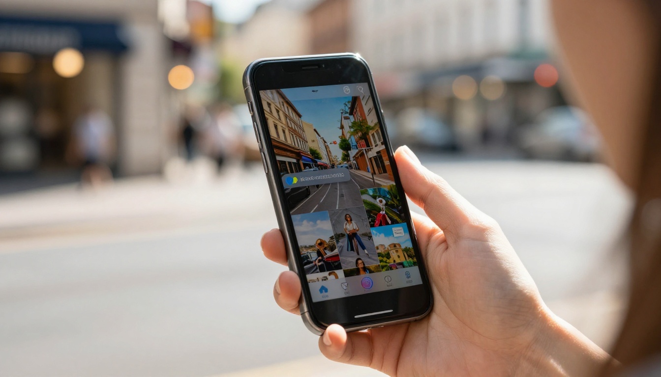 Woman holding smartphone outdoors displaying digital flipbook sharing interface on sunny city street