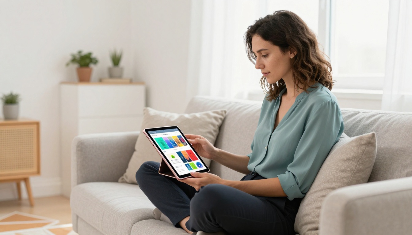 Freelancer browsing interactive portfolio flipbook on iPad at home Freelancer browsing interactive portfolio flipbook on iPad at home