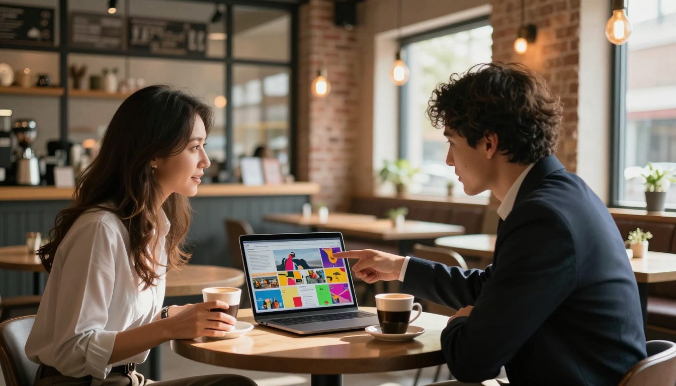 Business meeting in cafe, client reviewing freelance portfolio on laptop Business meeting in cafe, client reviewing freelance portfolio on laptop