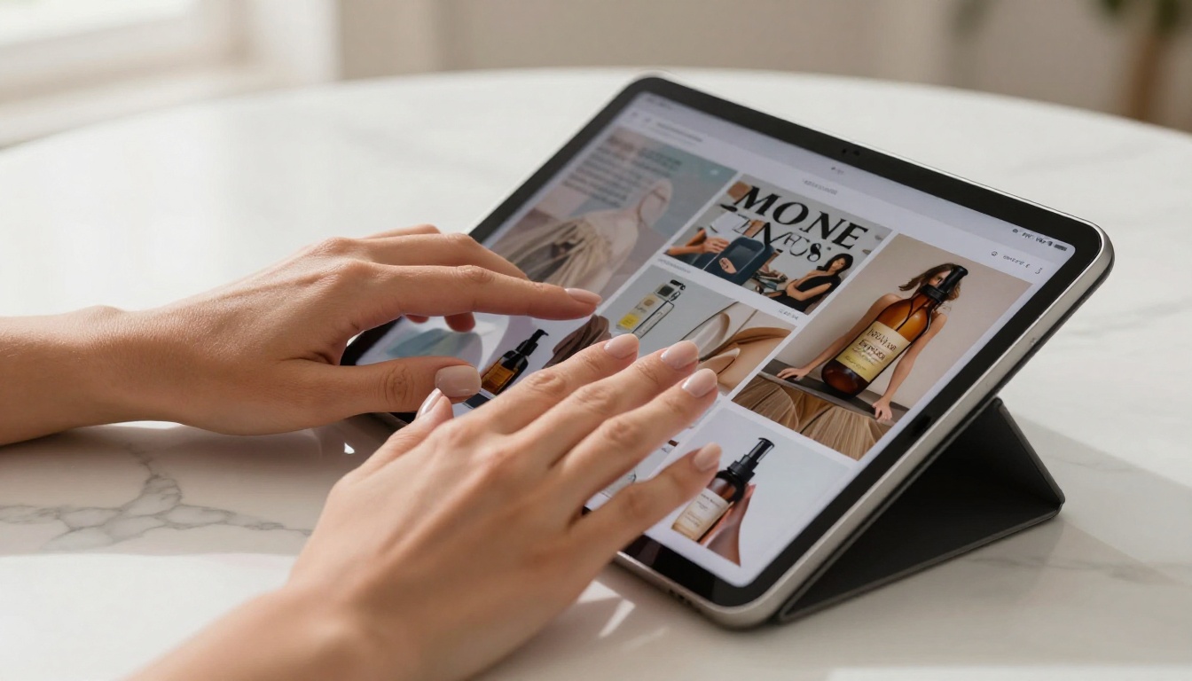 Close-up of hands swiping through a digital flipbook on an iPad Pro on a white marble surface Close-up of hands swiping through a digital flipbook on an iPad Pro on a white marble surface