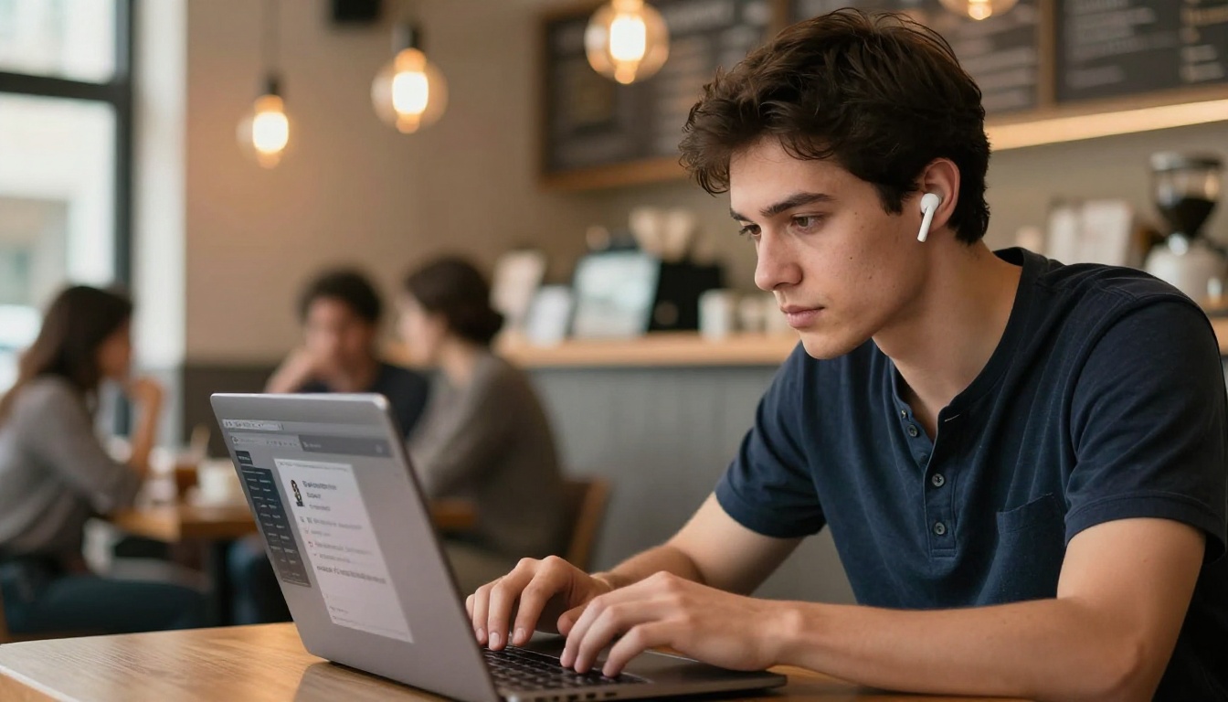 Male freelancer composing client proposal on laptop in artisan coffee shop Male freelancer composing client proposal on laptop in artisan coffee shop