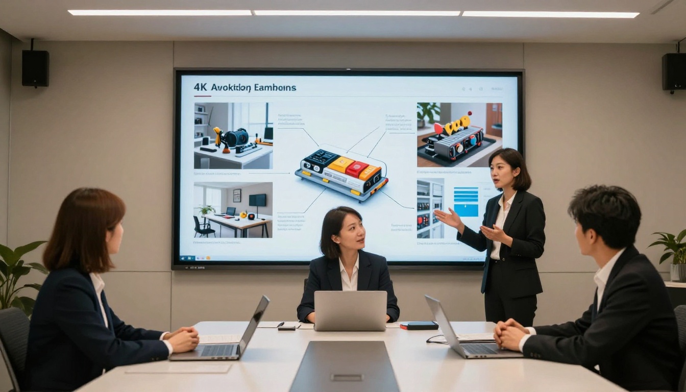 Three business professionals in a modern conference room attentively watching a flipbook presentation on a large 4K wall screen Three business professionals in a modern conference room attentively watching a flipbook presentation on a large 4K wall screen