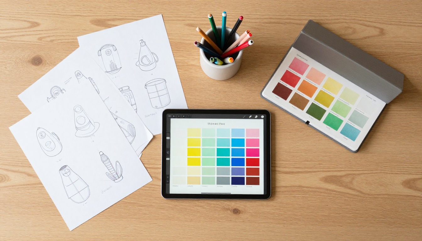 Aerial flat-lay of designer's desk with printed portfolio samples and tablet showing digital flipbook Aerial flat-lay of designer's desk with printed portfolio samples and tablet showing digital flipbook