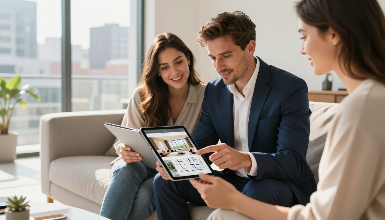 A real estate agent in a navy suit showing a digital property brochure flipbook on a tablet to a young couple sitting on a sofa in a bright office A real estate agent in a navy suit showing a digital property brochure flipbook on a tablet to a young couple sitting on a sofa in a bright office