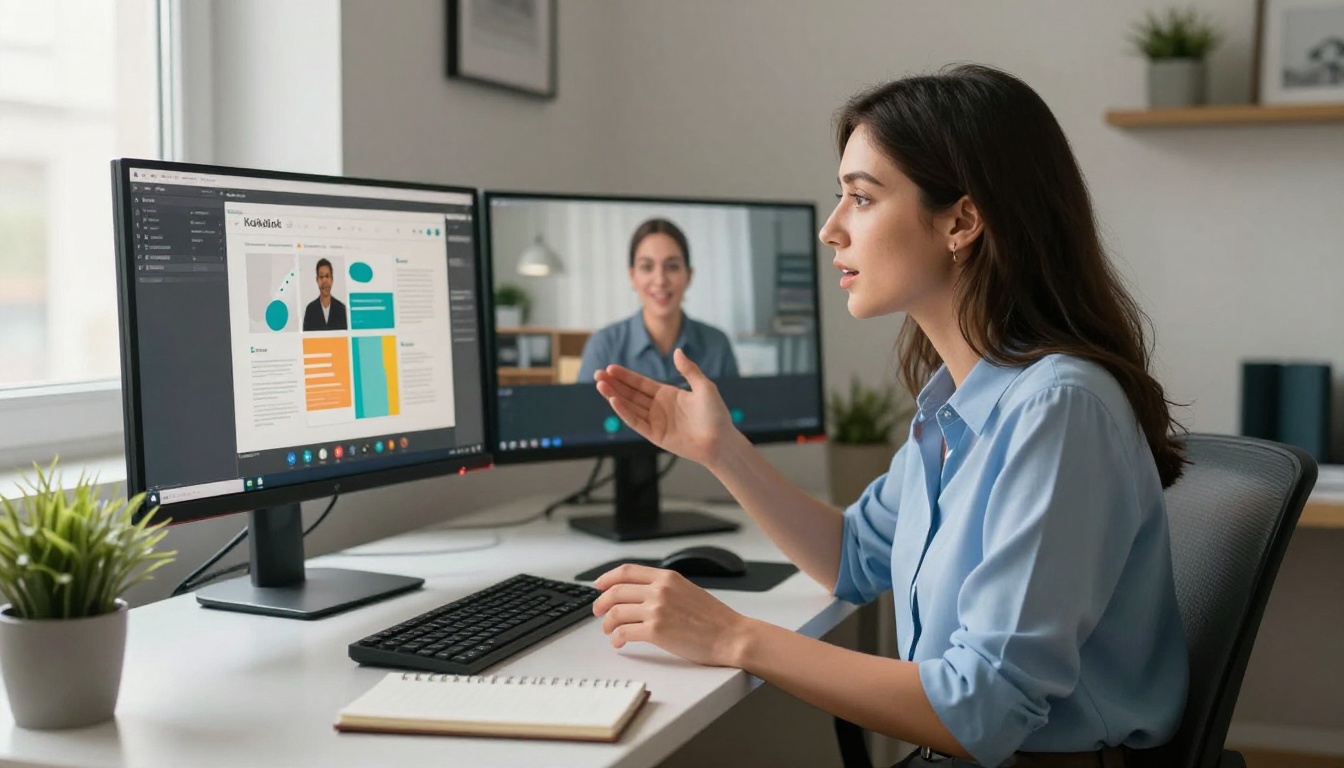 Female freelancer on professional video call with flipbook portfolio visible on second monitor Female freelancer on professional video call with flipbook portfolio visible on second monitor