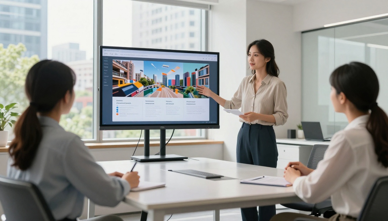 Marketing professional presenting interactive flipbook to colleagues at conference table