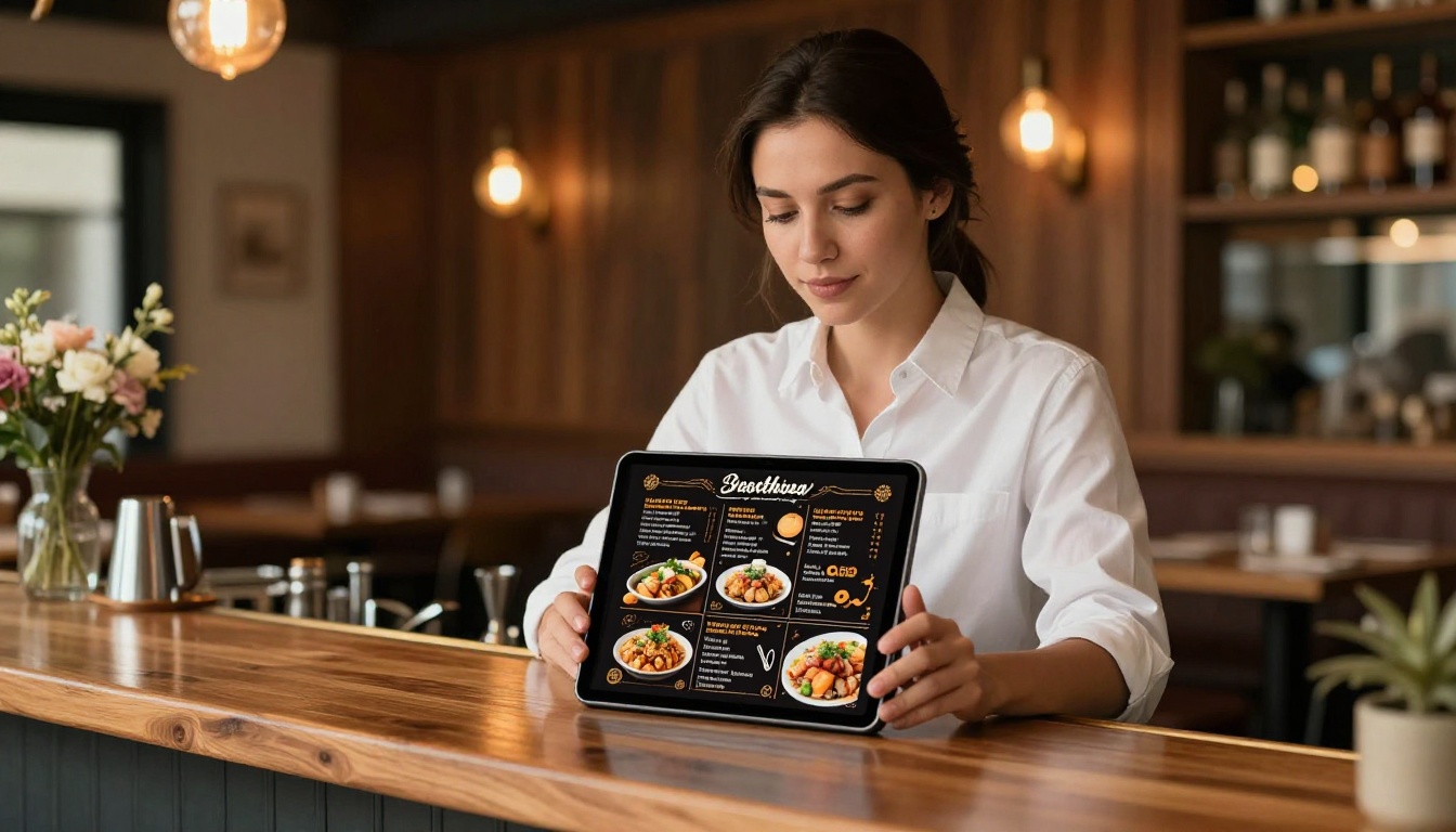 A stylish restaurant owner in a white shirt holding an iPad displaying a digital menu flipbook behind an elegant wooden bar counter A stylish restaurant owner in a white shirt holding an iPad displaying a digital menu flipbook behind an elegant wooden bar counter