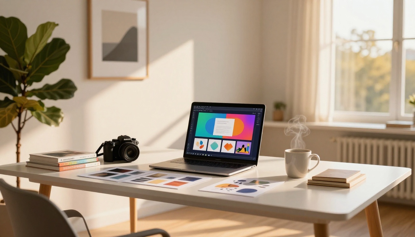 Bright creative home office with portfolio flipbook on screen and design materials on desk Bright creative home office with portfolio flipbook on screen and design materials on desk