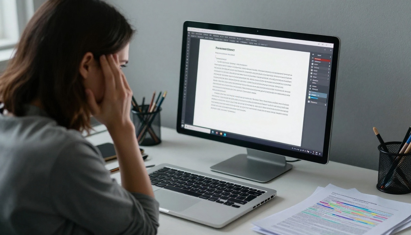 Frustrated graphic designer looking at flat PDF on laptop screen