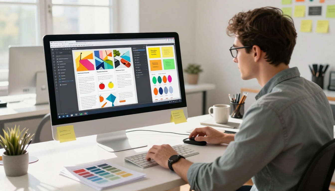 A creative marketing professional at a standing desk in a bright studio working on a product catalog flipbook on a large iMac screen A creative marketing professional at a standing desk in a bright studio working on a product catalog flipbook on a large iMac screen