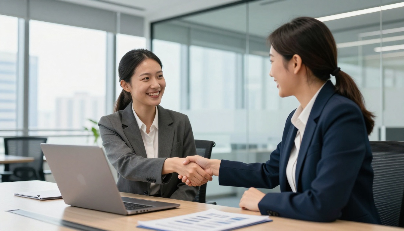 Two professionals shaking hands after successful portfolio pitch meeting Two professionals shaking hands after successful portfolio pitch meeting