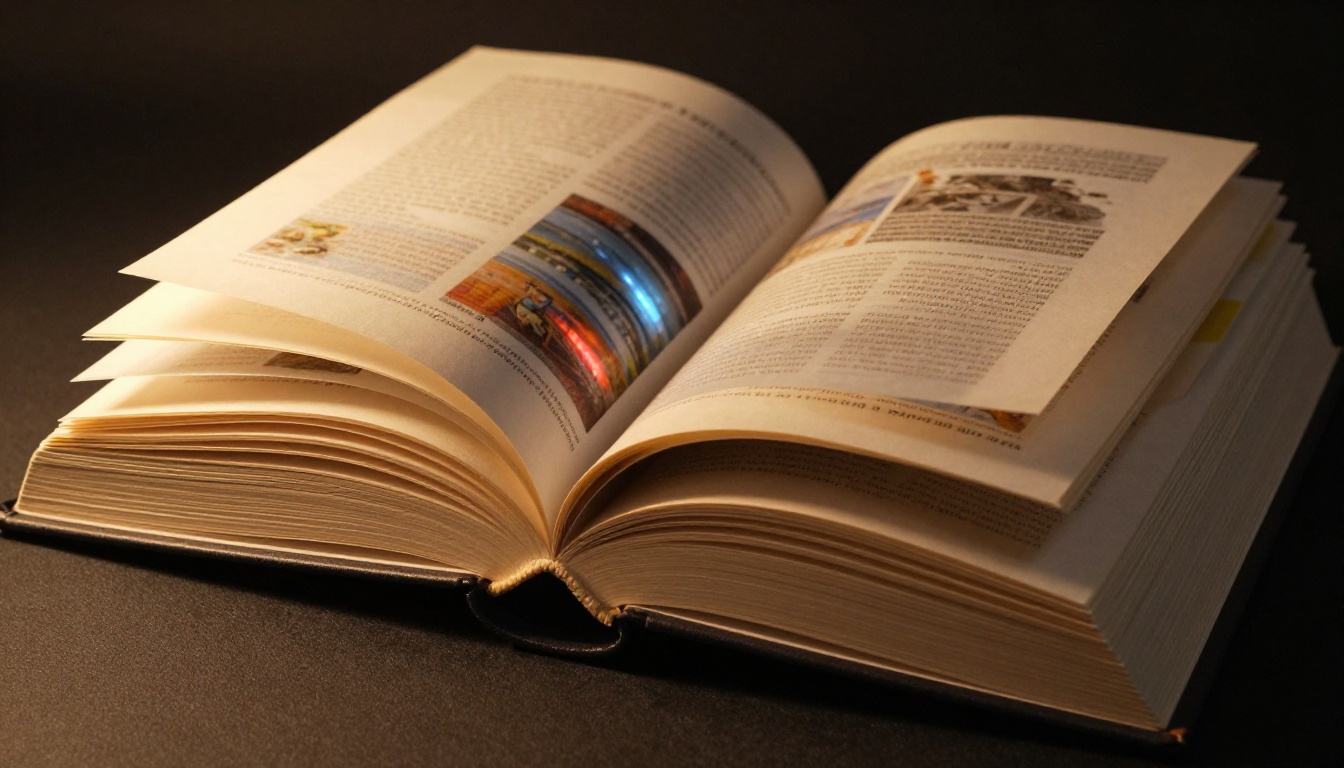 Book pages caught in perfect mid-flip motion showing colorful design content