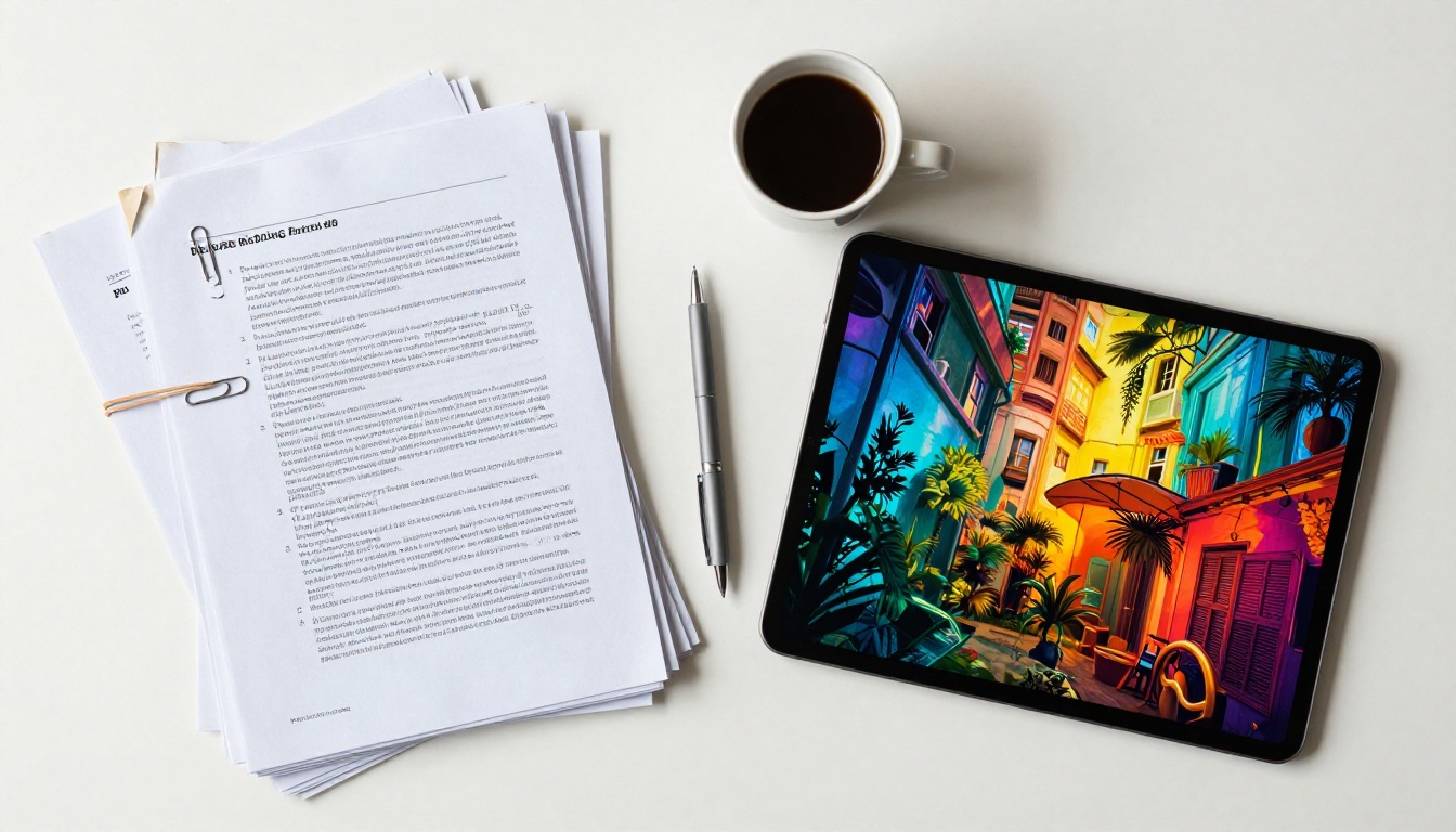 Overhead flat-lay comparison of a stack of boring gray printed PDFs on the left versus a vibrant digital flipbook on a tablet on the right Overhead flat-lay comparison of a stack of boring gray printed PDFs on the left versus a vibrant digital flipbook on a tablet on the right