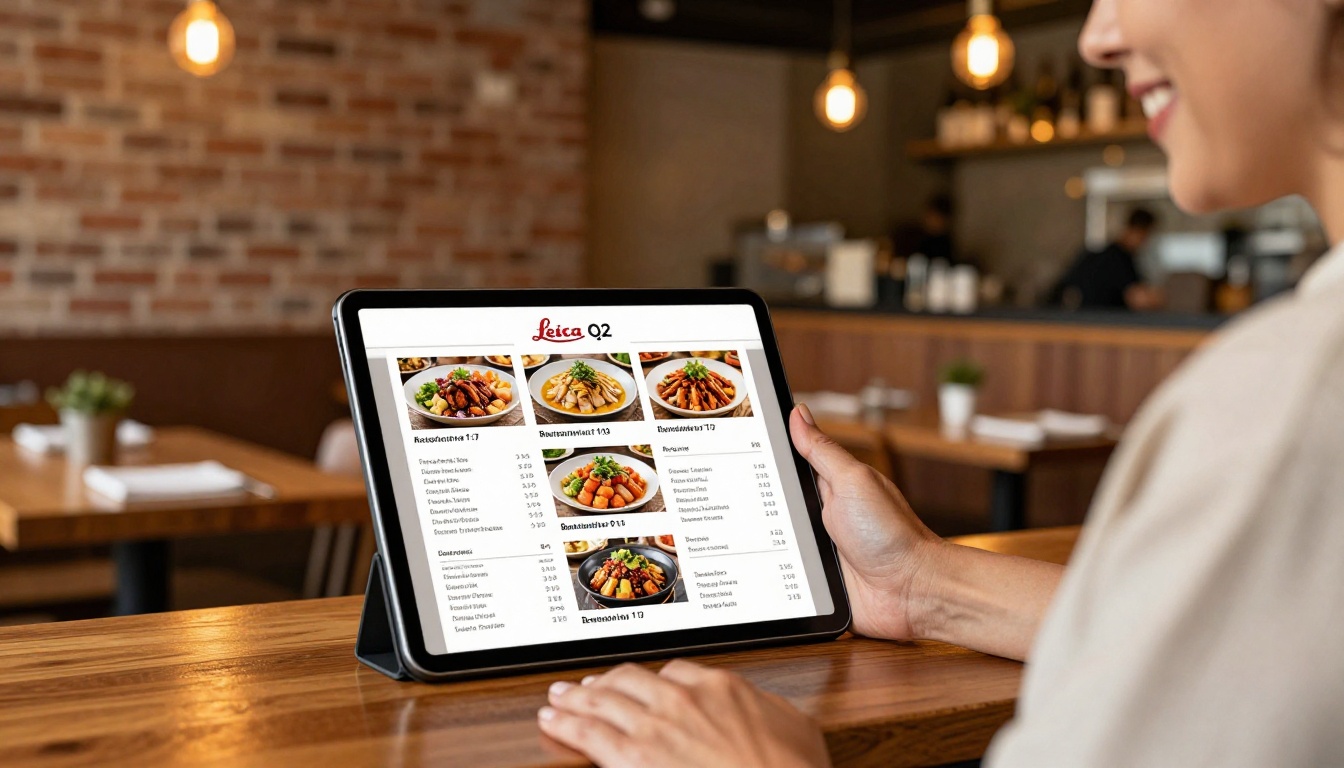 Restaurant owner presenting digital flipbook menu on tablet with warm interior lighting