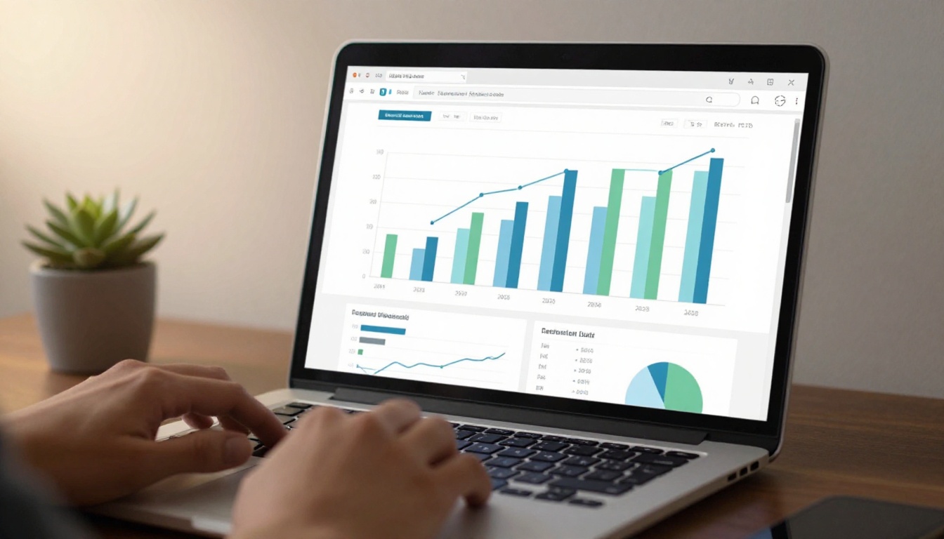 A laptop screen showing a clean analytics dashboard with bar charts and reader interaction metrics for a digital flipbook publication A laptop screen showing a clean analytics dashboard with bar charts and reader interaction metrics for a digital flipbook publication