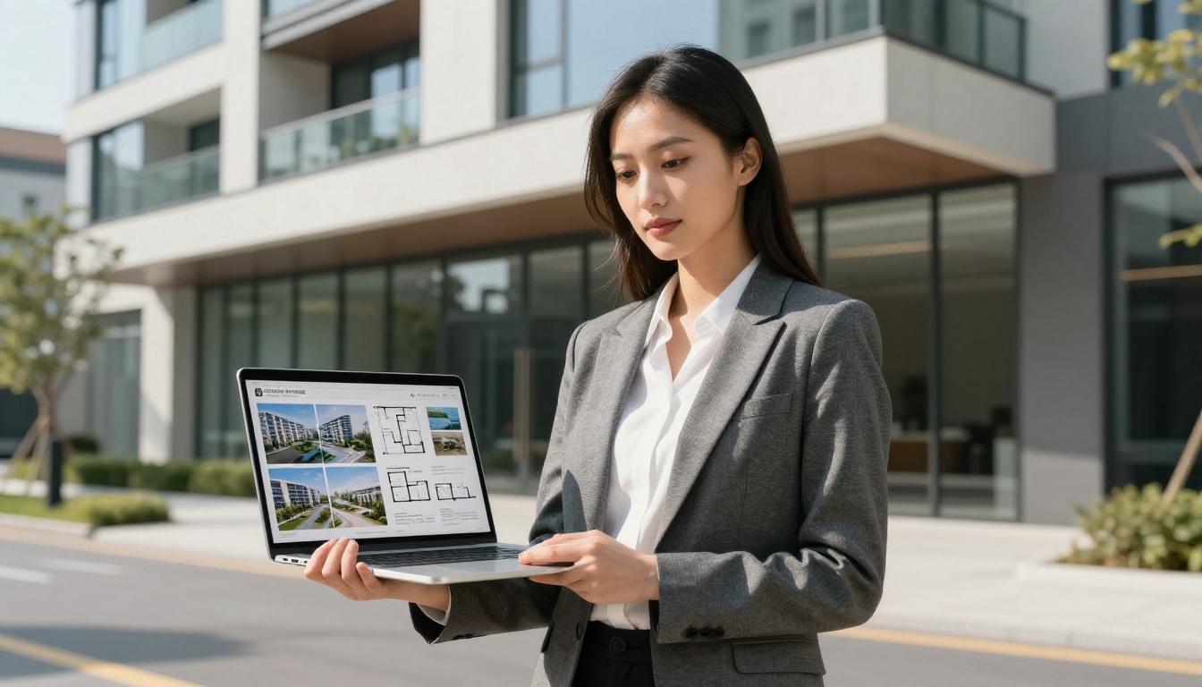 Real estate agent outside luxury property holding laptop with digital brochure flipbook