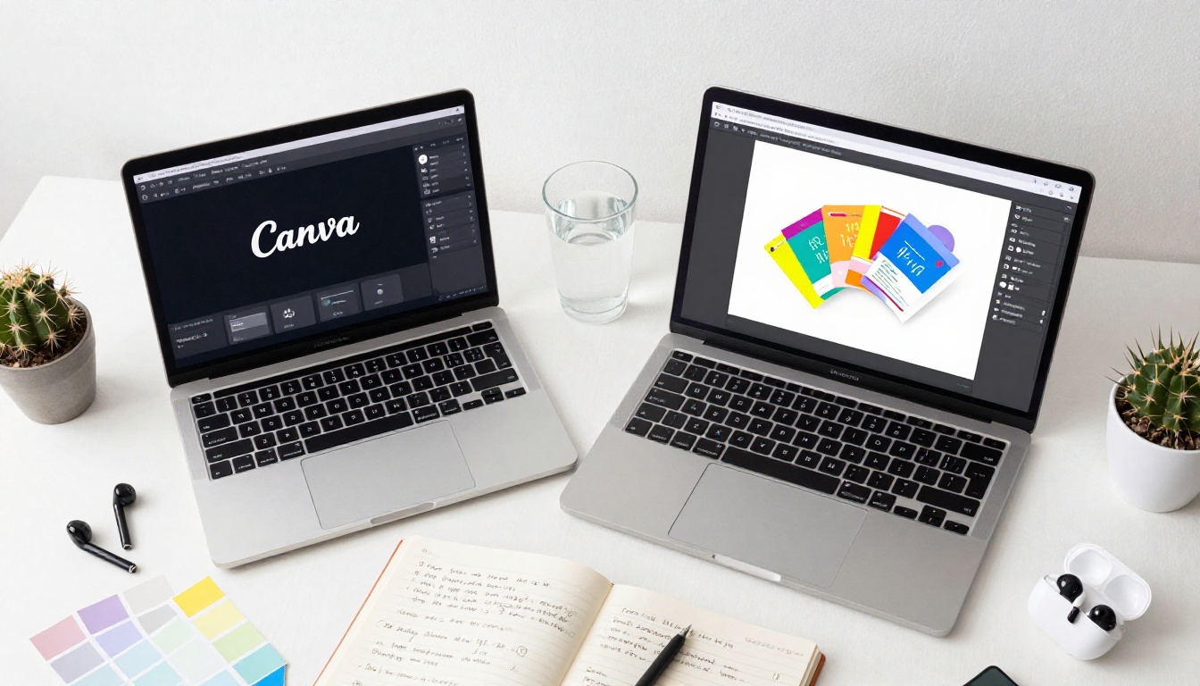 Overhead flat-lay showing Canva interface alongside flipbook browser view on MacBook