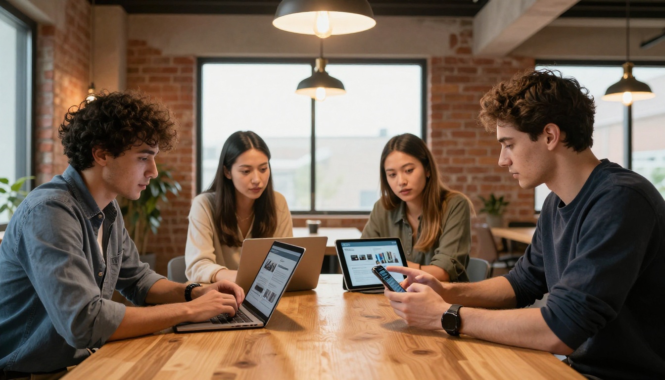 A diverse team of four professionals at a wooden office table, each holding a different device all showing the same interactive flipbook, pointing and discussing the content A diverse team of four professionals at a wooden office table, each holding a different device all showing the same interactive flipbook, pointing and discussing the content