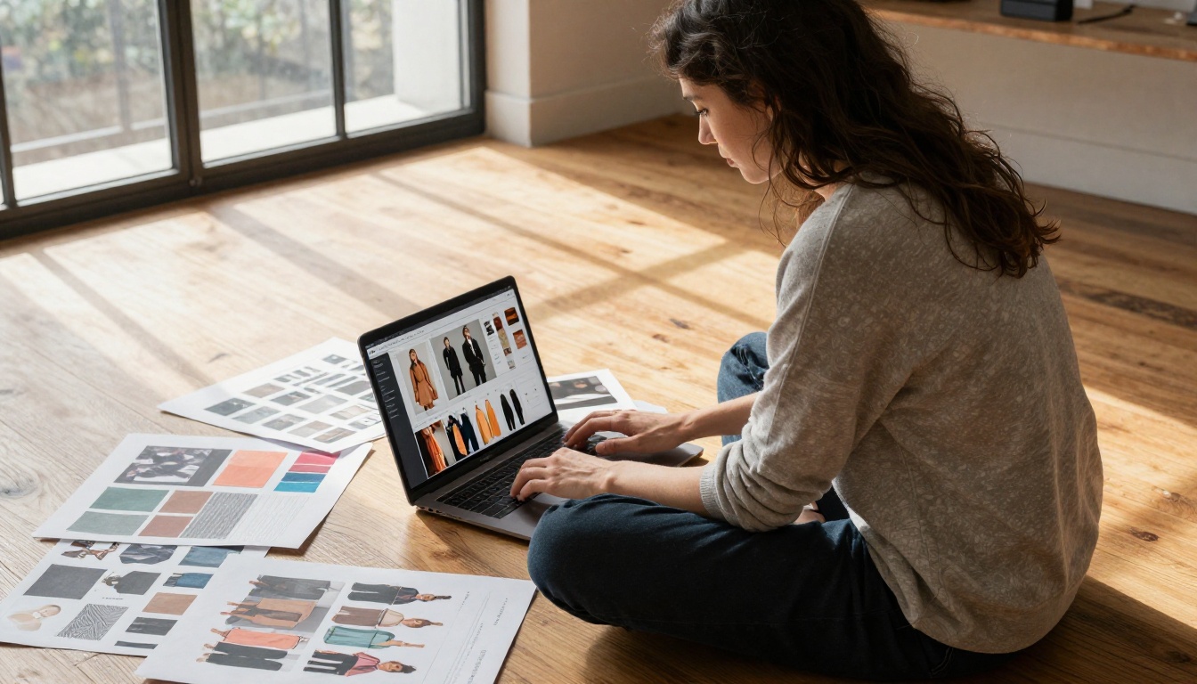 Fashion designer browsing digital lookbook flipbook on laptop on loft apartment floor
